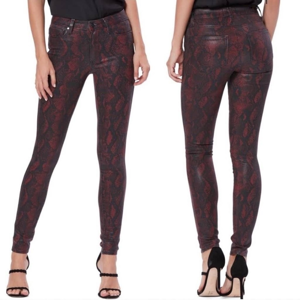 Paige Denim Hoxton Super Skinny Coated Snake Jeans Red/Black Snakeskin Size 31